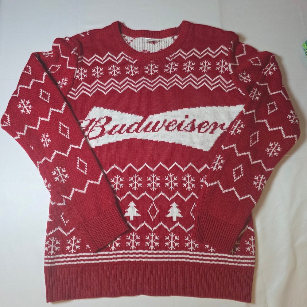 Budweiser Mens Medium Red Fair Isle Ugly Christmas Sweater Beer Logo‎ Holiday